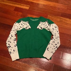 Green leopard tiger knit crew pullover